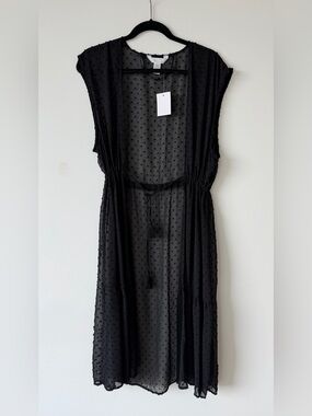NWT LC Lauren Conrad Black Sheer Swiss Dot Duster with Tassel Tie
